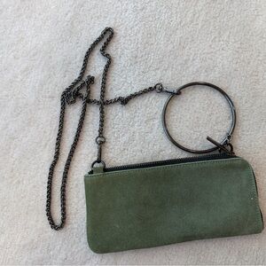 BNWOT Zara Green Khaki Suede Wristlet Clutch with Chain Strap